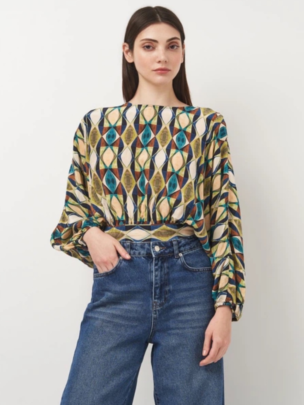 Zara Geometric Print Cropped Blouse Open Back Tie Balloon Sleeve Teal Green L